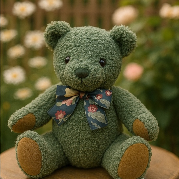 NWT 1980’s GUND “Jade” Green Teddy Bear 2444 Floral Bow, Adjustable limbs plush - Picture 1 of 7